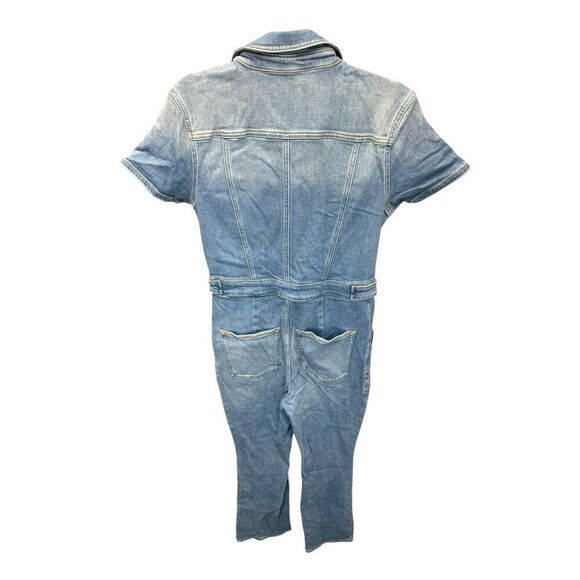 Good American Denim Short Sleeve Jumpsuit Size 4 Zip Front Flare Legs Blue - Picture 8 of 16